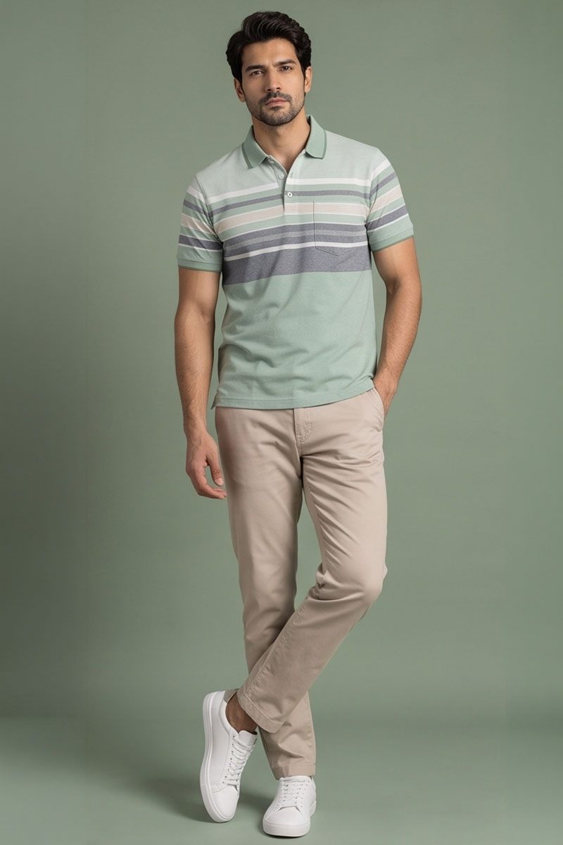 Mint Slate Striped Polo T-Shirt -Green
