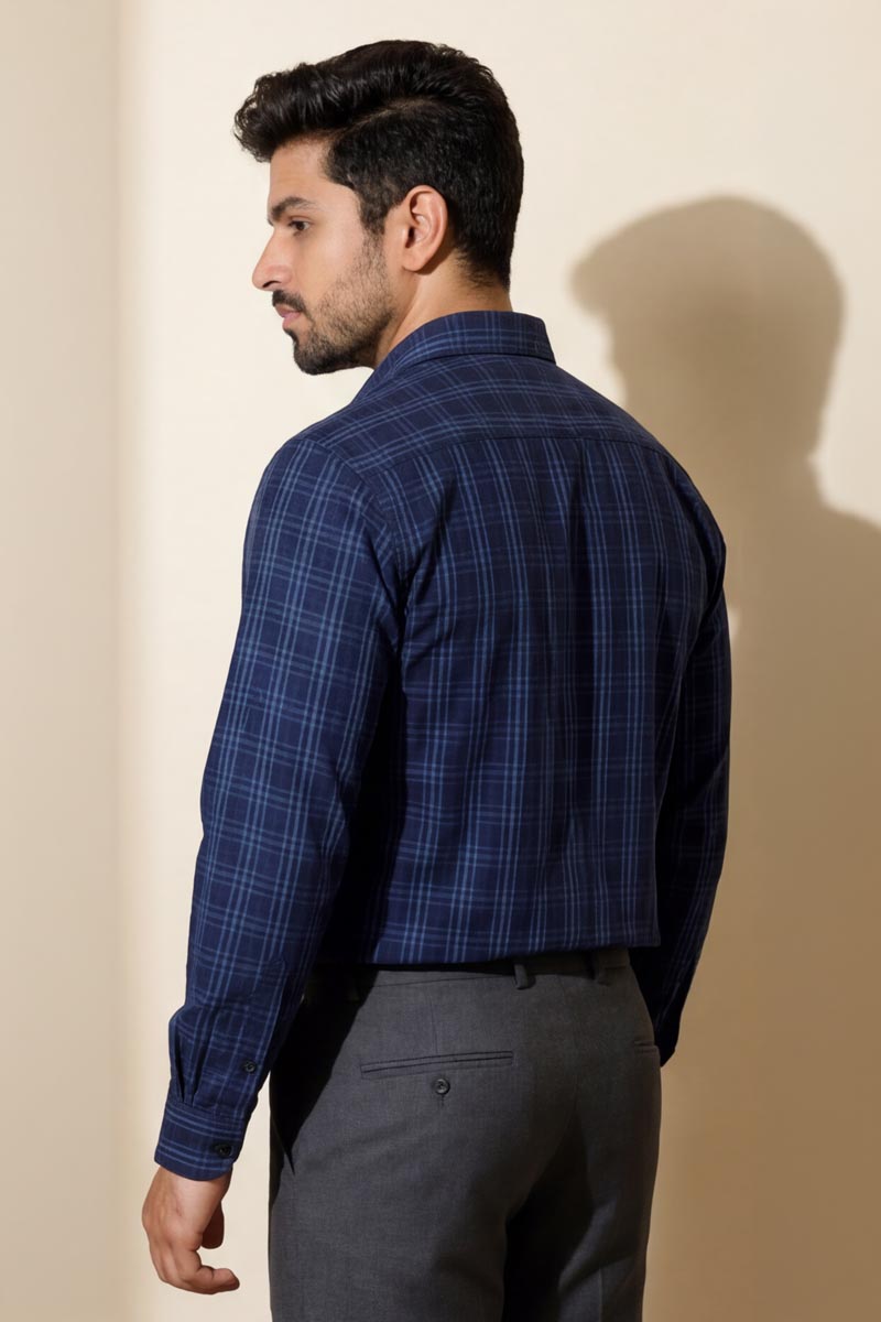 Premium Navy Blue Plaid Shirt - Navy - 6