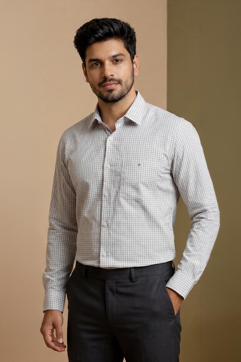 Classic Grey White Formal Shirt - GREY - 5