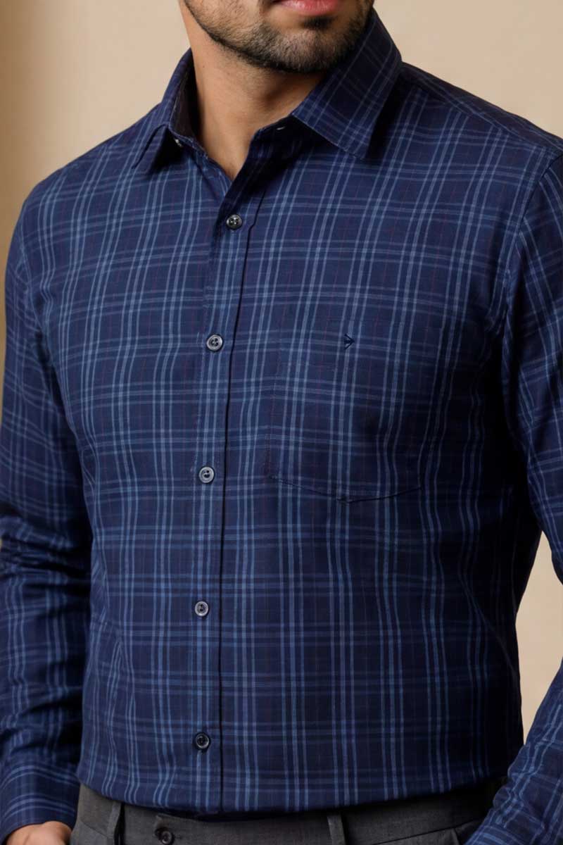 Premium Navy Blue Plaid Shirt - Navy - 5