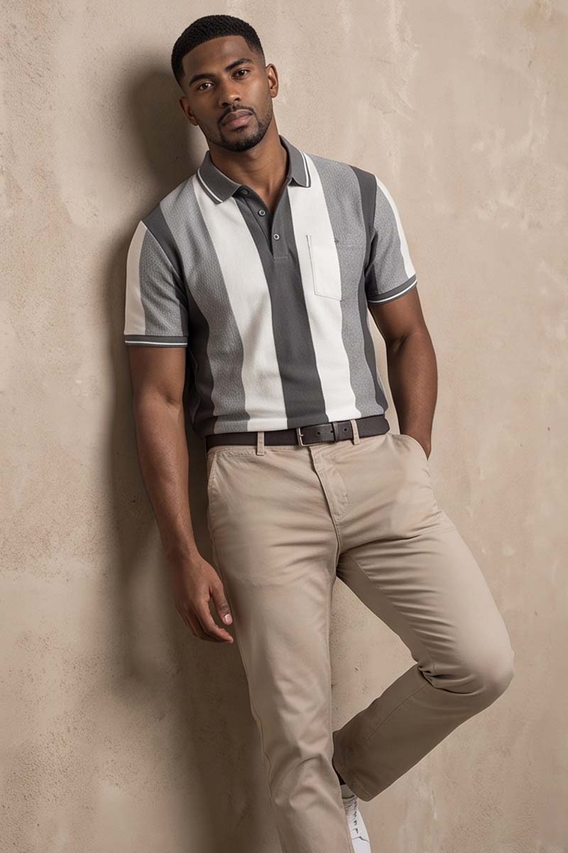Monochrome Vertical Stripe Polo T-Shirt -Grey - 4