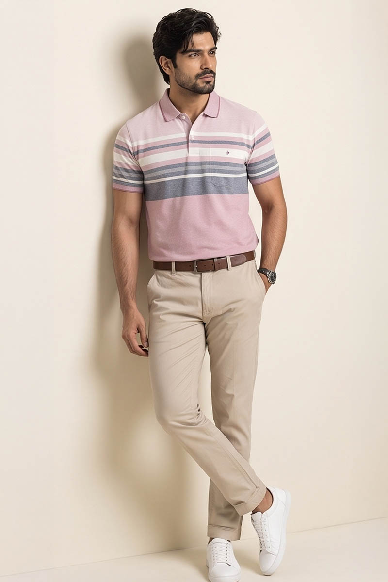 Blush Pink Signature Stripe Polo Tee -Pink - 5