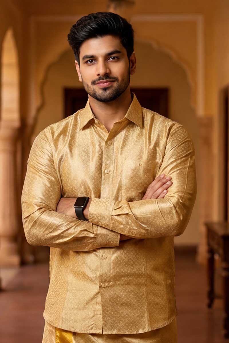Men’s Gold Jacquard Shirt with Kerala Mundu-Gold - 3
