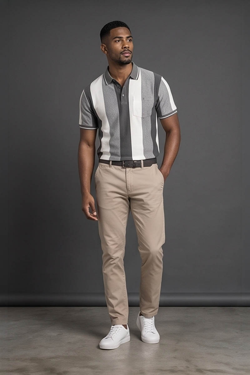 Monochrome Vertical Stripe Polo T-Shirt -Grey