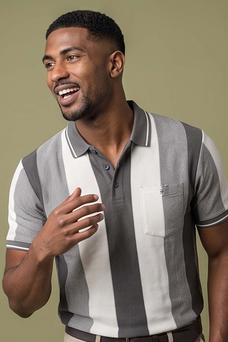 Monochrome Vertical Stripe Polo T-Shirt -Grey - 6