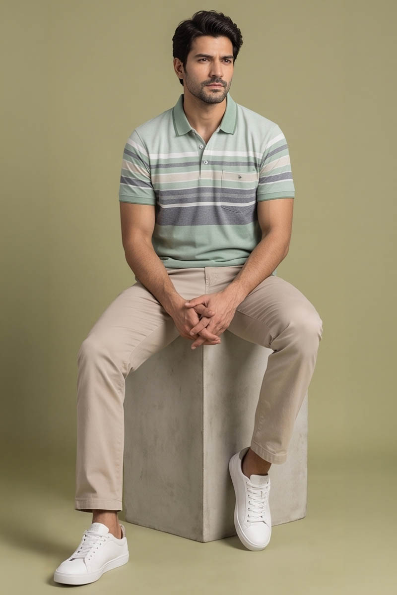 Mint Slate Striped Polo T-Shirt -Green - 2