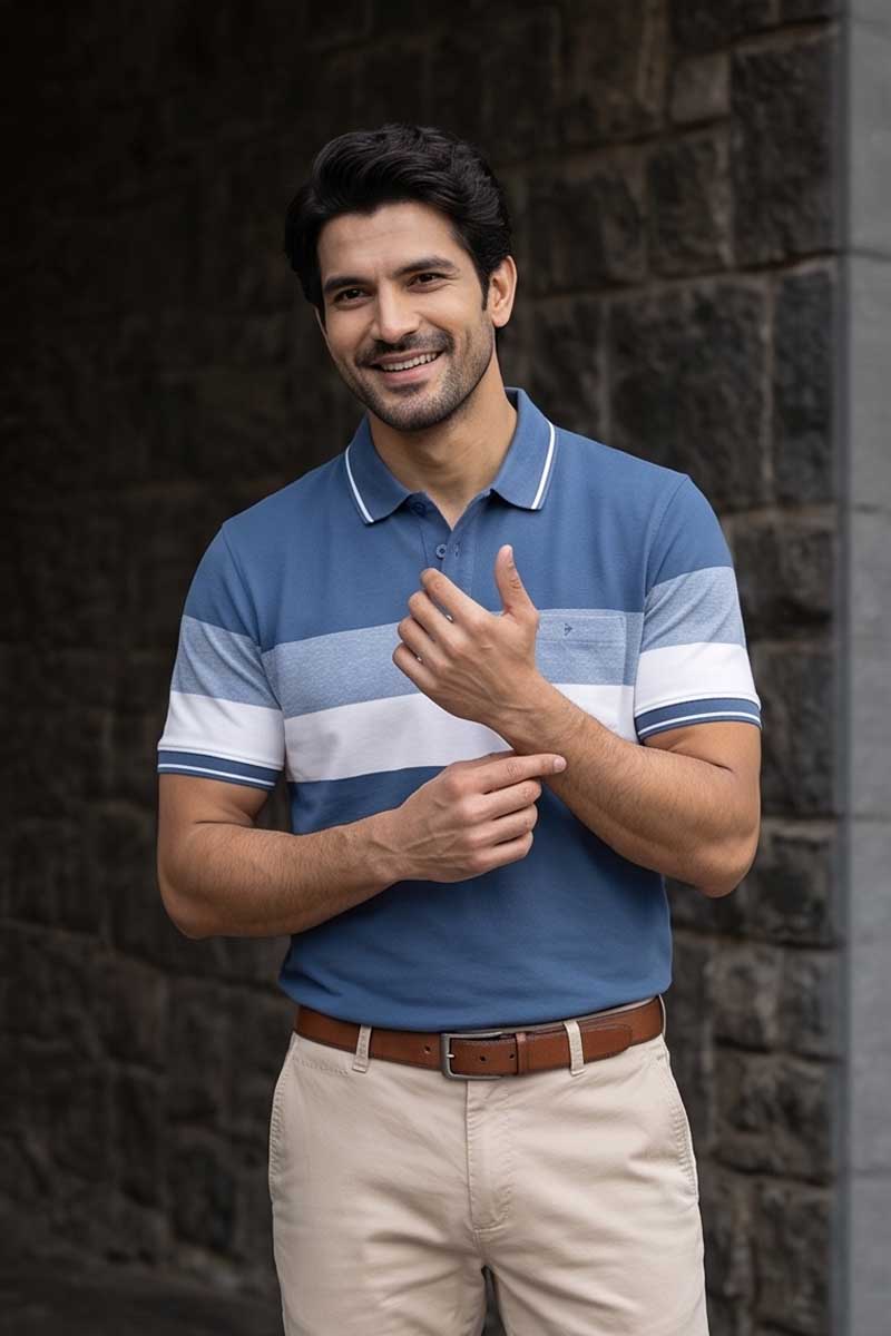 Blue and White Block Stripe Polo T-Shirt -Blue - 6