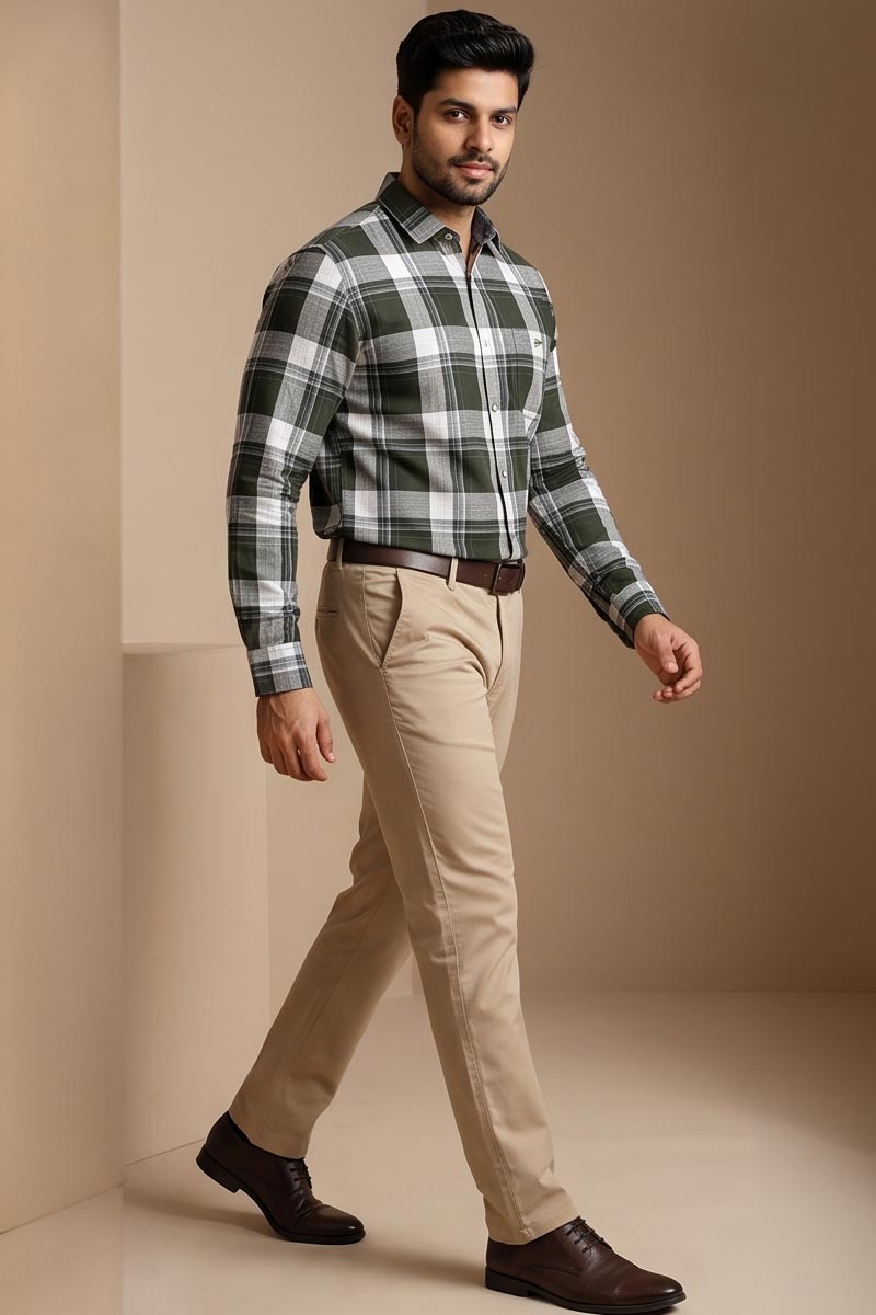 Ivory Olive Checked Shirt - D-Olive - 3