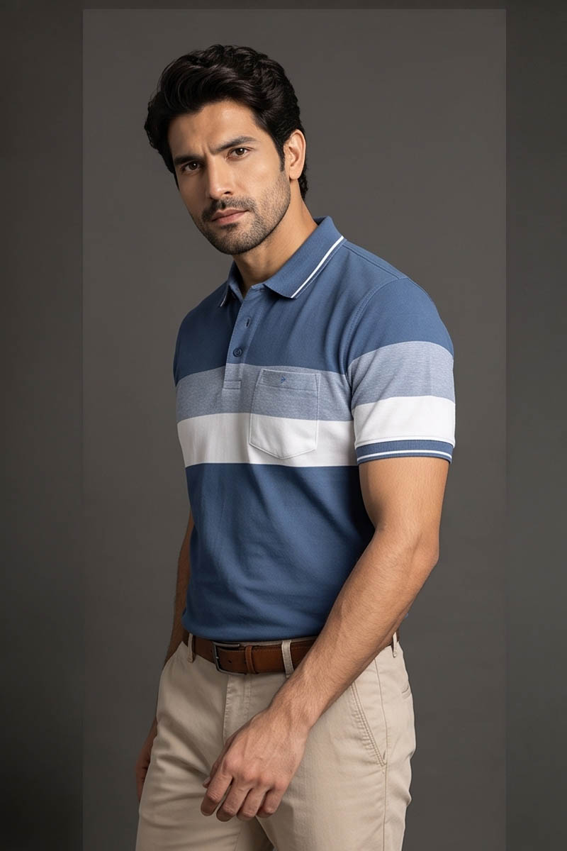 Blue and White Block Stripe Polo T-Shirt -Blue - 4