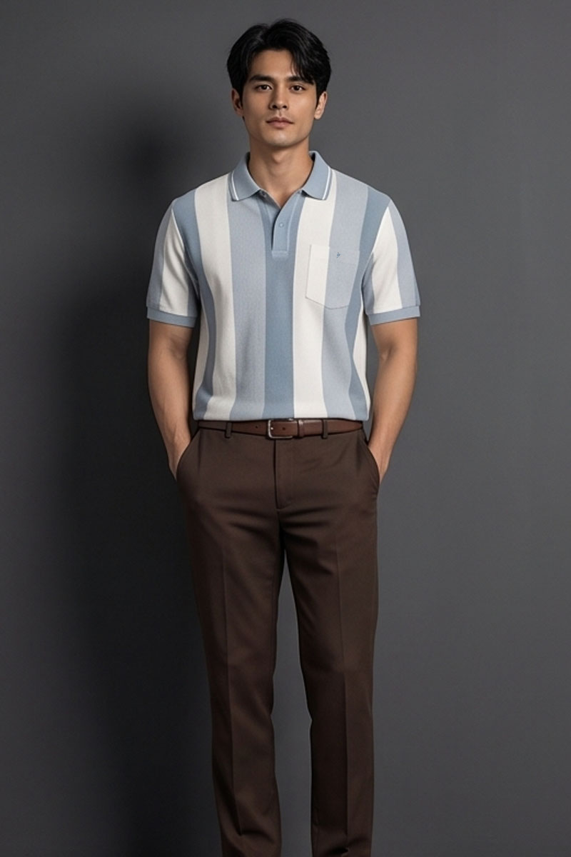 Monochrome Vertical Stripe Polo T-Shirt – Blue