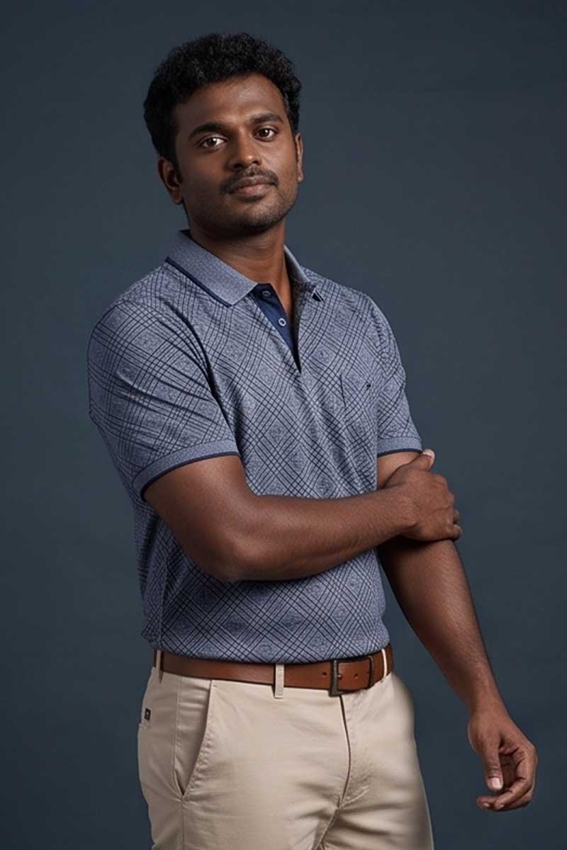 Slate Grey Diagonal Check Polo T-Shirt -Grey - 5
