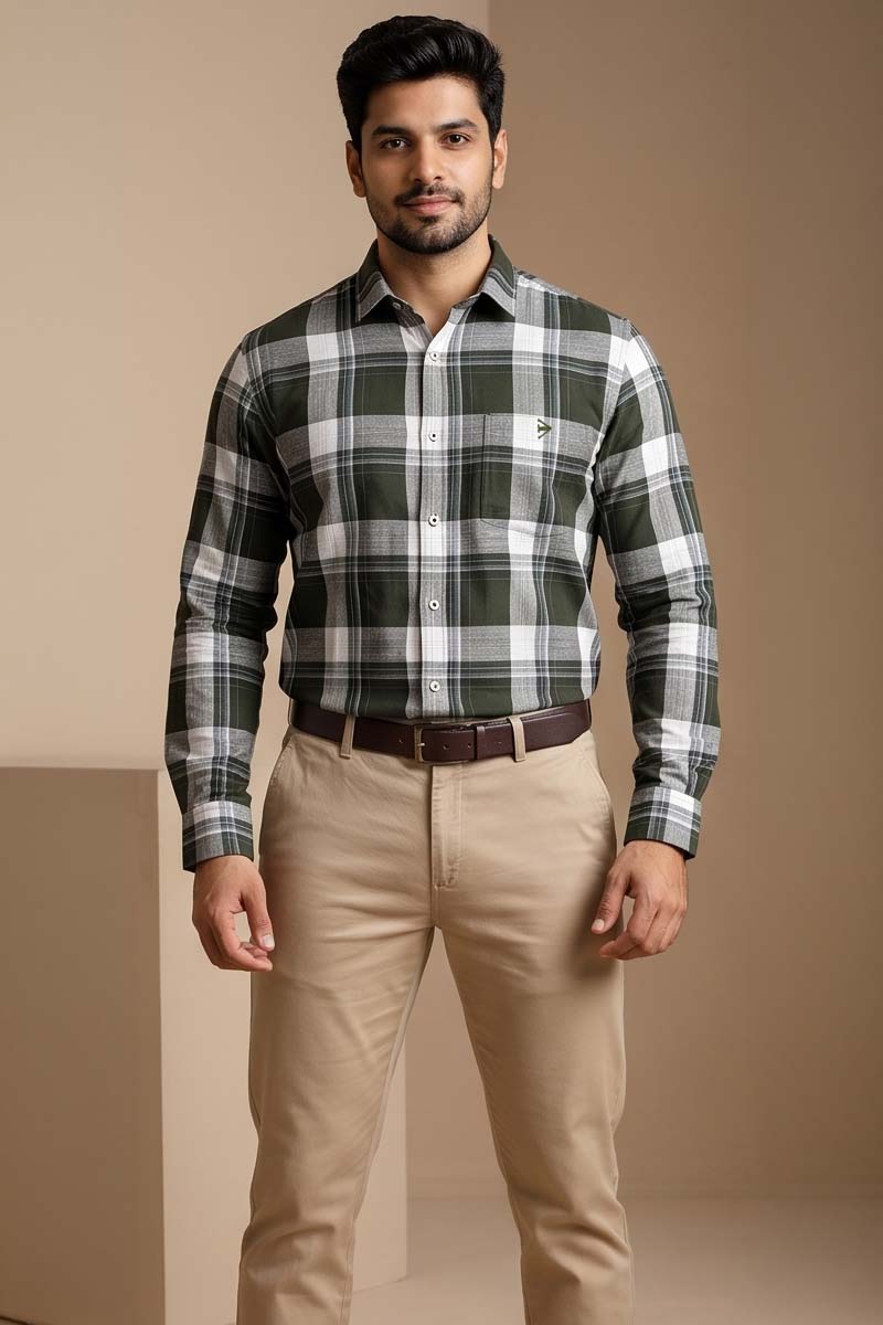 Ivory Olive Checked Shirt - D-Olive - 4