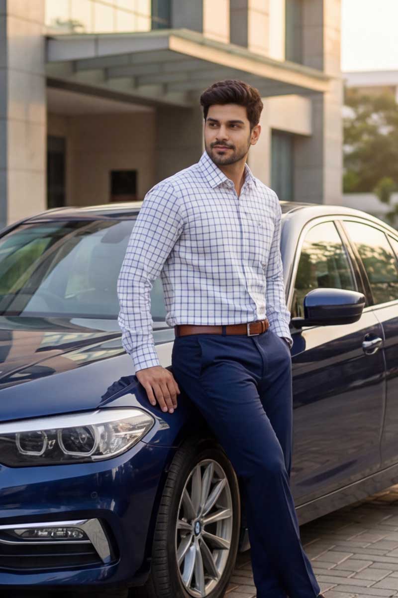 EcoLux Bamboo Cotton Shirt – Blue Checks (Smart Fit, Full Sleeve) - 5