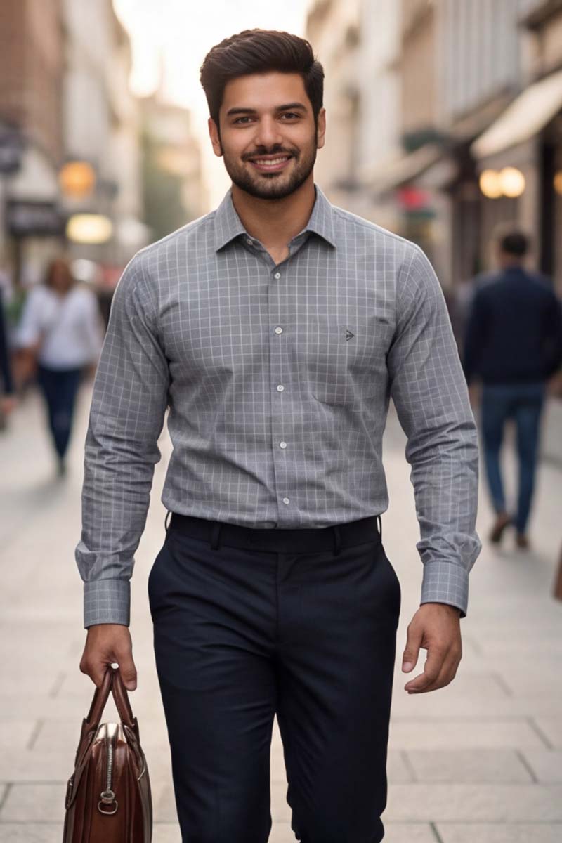 L-Grey Checks Formal Shirt (Smart Fit - Full Sleeves)