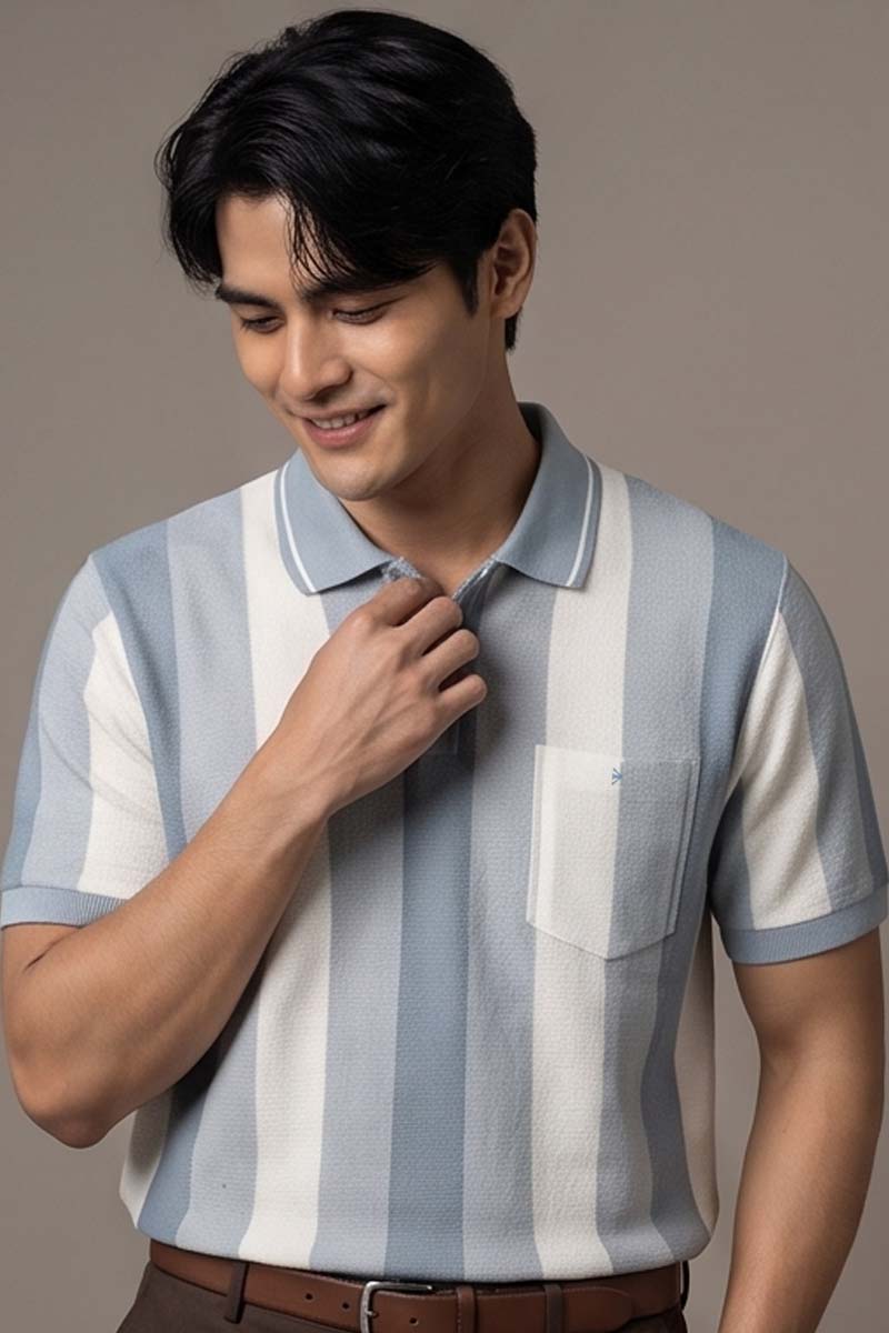 Monochrome Vertical Stripe Polo T-Shirt – Blue - 6
