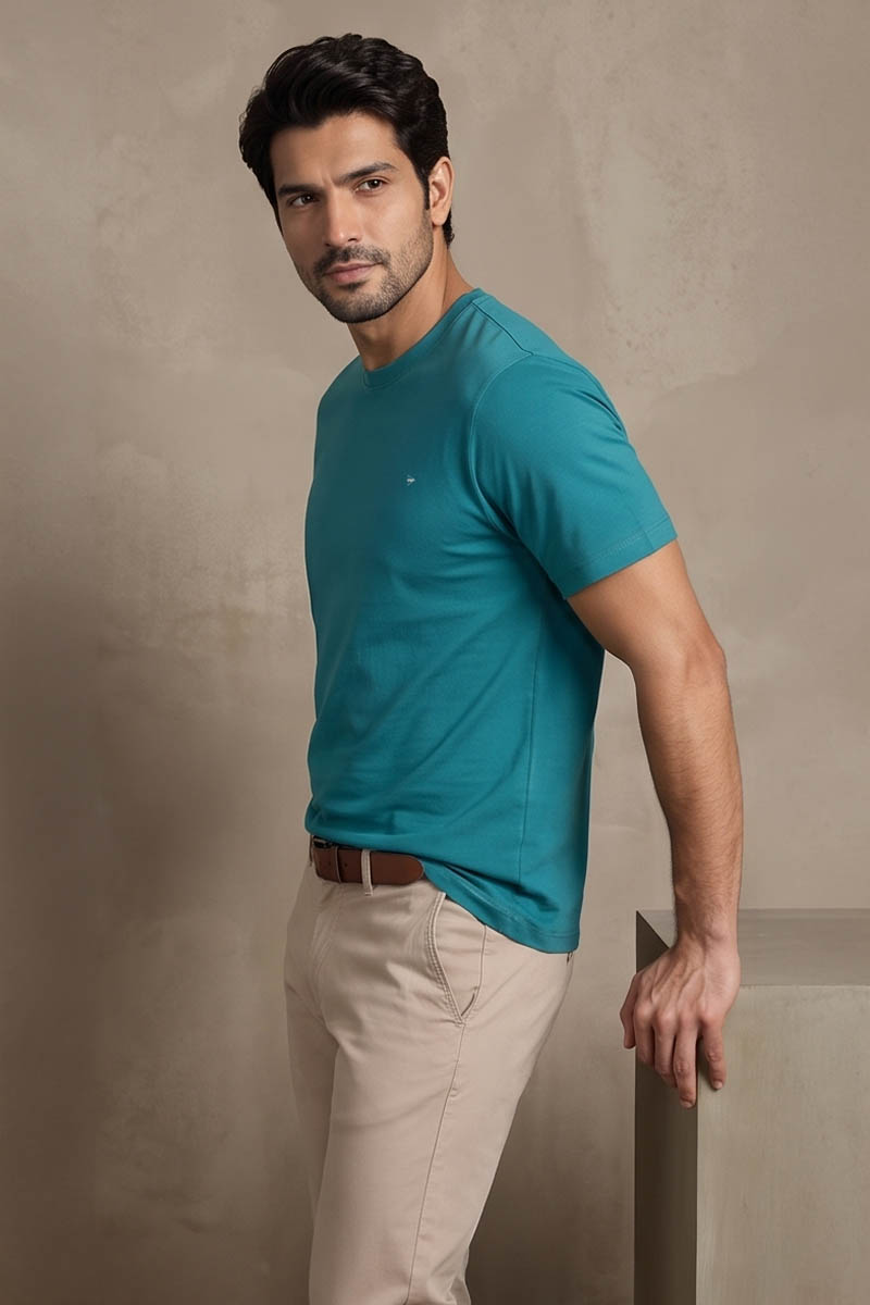Peacock Teal Basic Crew Neck T-Shirt -E-Green - 4