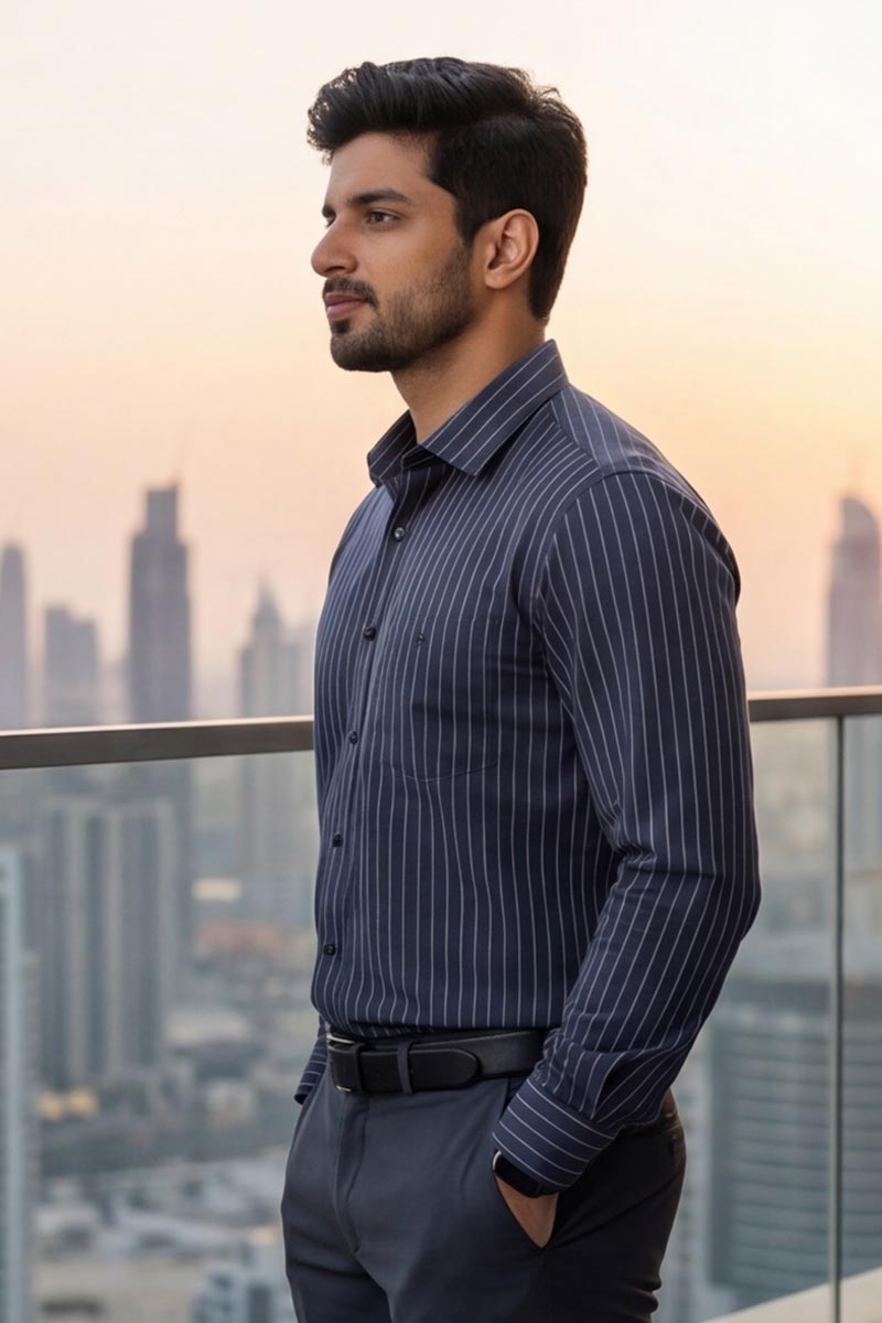 SHIRT Elegant Sage Green Striped Button-Down (GREY) - 3