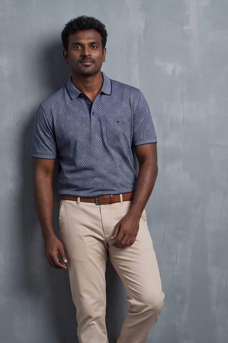 Slate Grey Diagonal Check Polo T-Shirt -Grey - 3