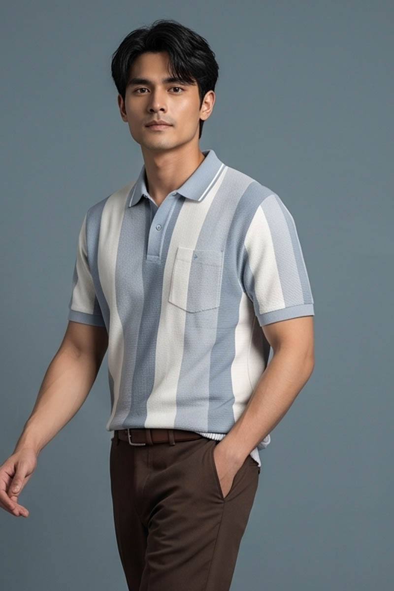 Monochrome Vertical Stripe Polo T-Shirt – Blue - 2