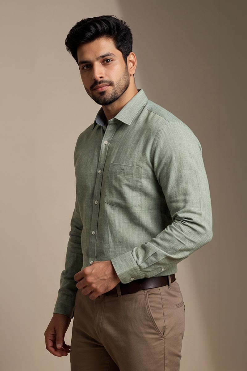 Pistachio Green Cotton Shirt - L-Green - 2