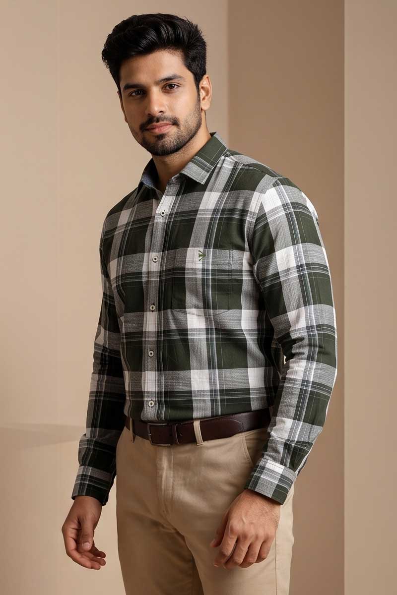 Ivory Olive Checked Shirt - D-Olive - 5