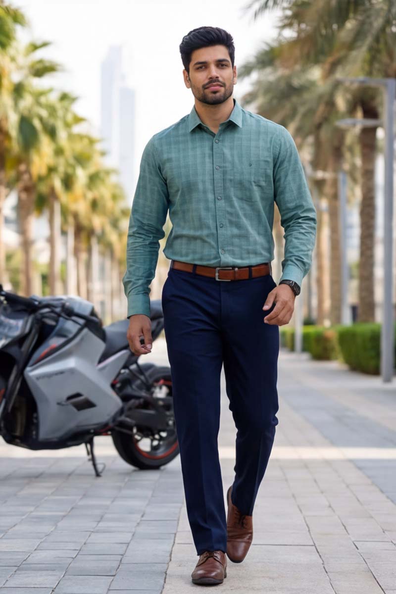 Urban Grid Formal Shirt – Green Checks (Smart Fit) - 2