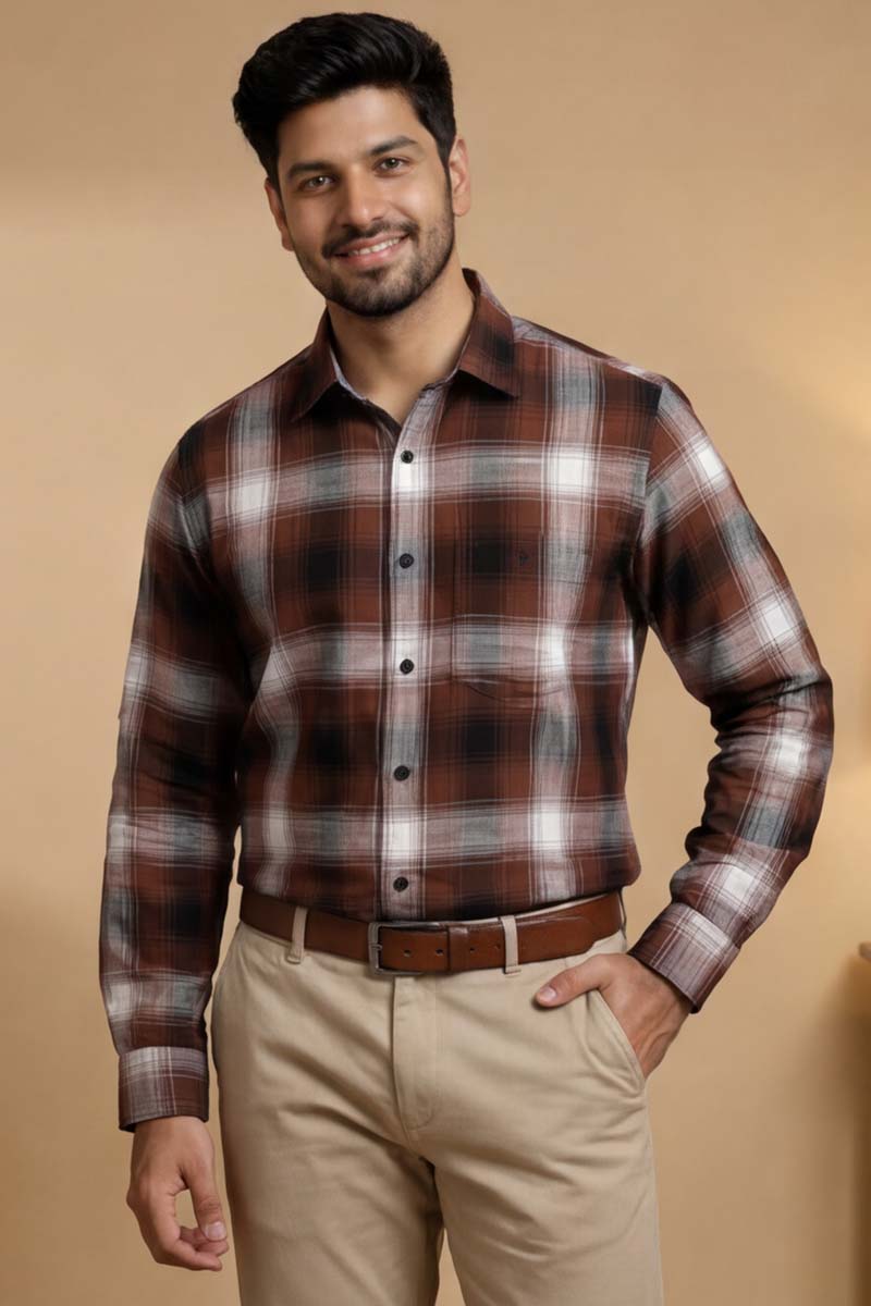 Urban Brown White Check Shirt - M-Brown - 5