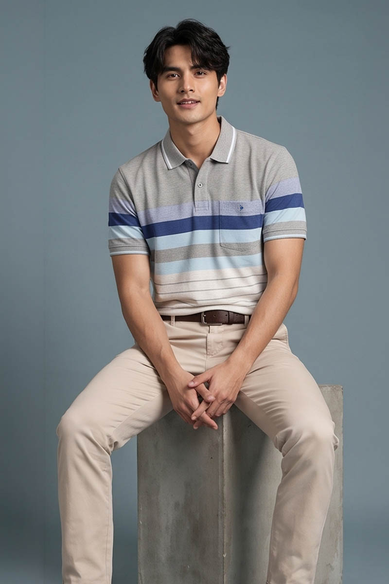 Blue Grey Ombre Stripe Polo T-Shirt -Blue - 3