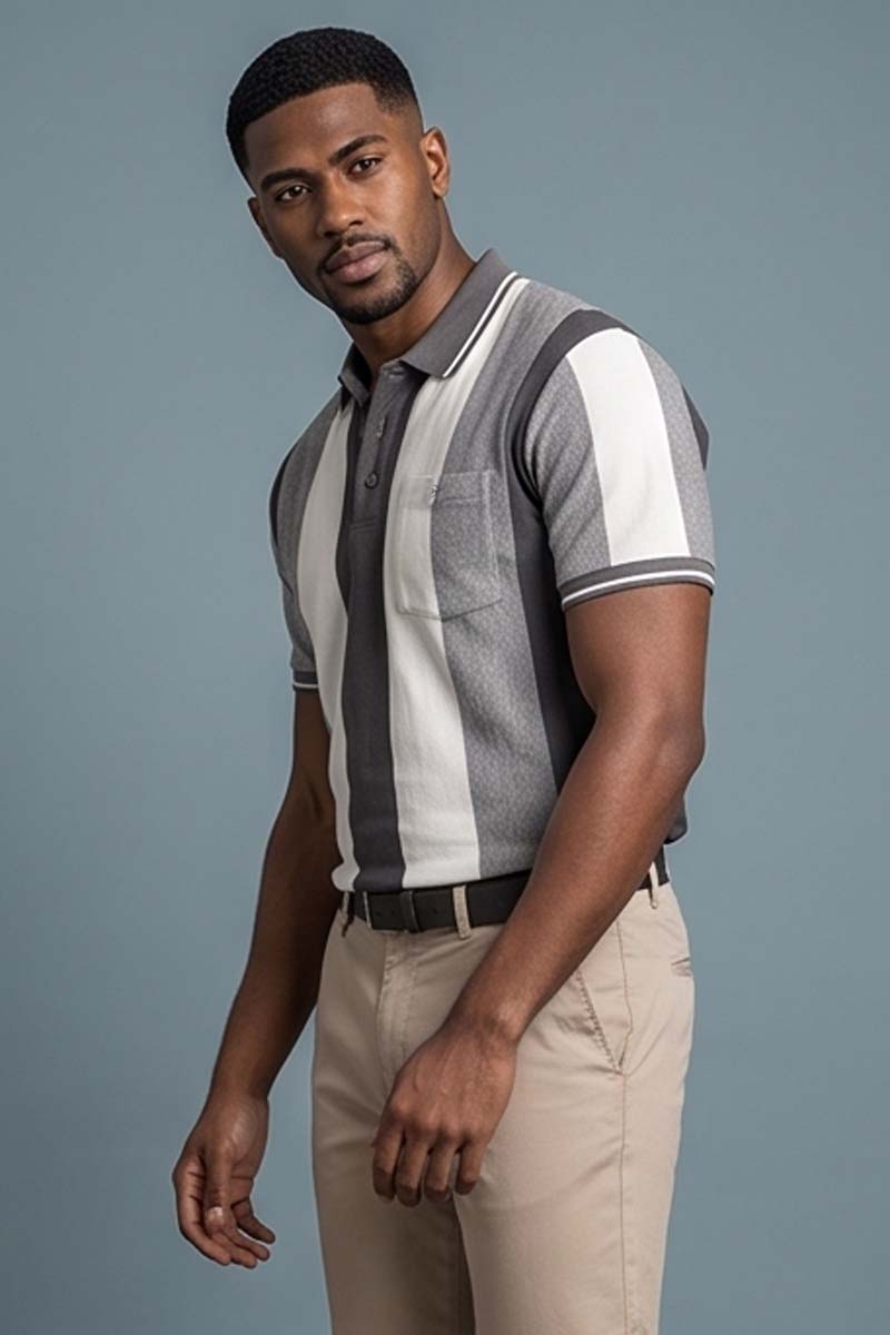 Monochrome Vertical Stripe Polo T-Shirt -Grey - 5