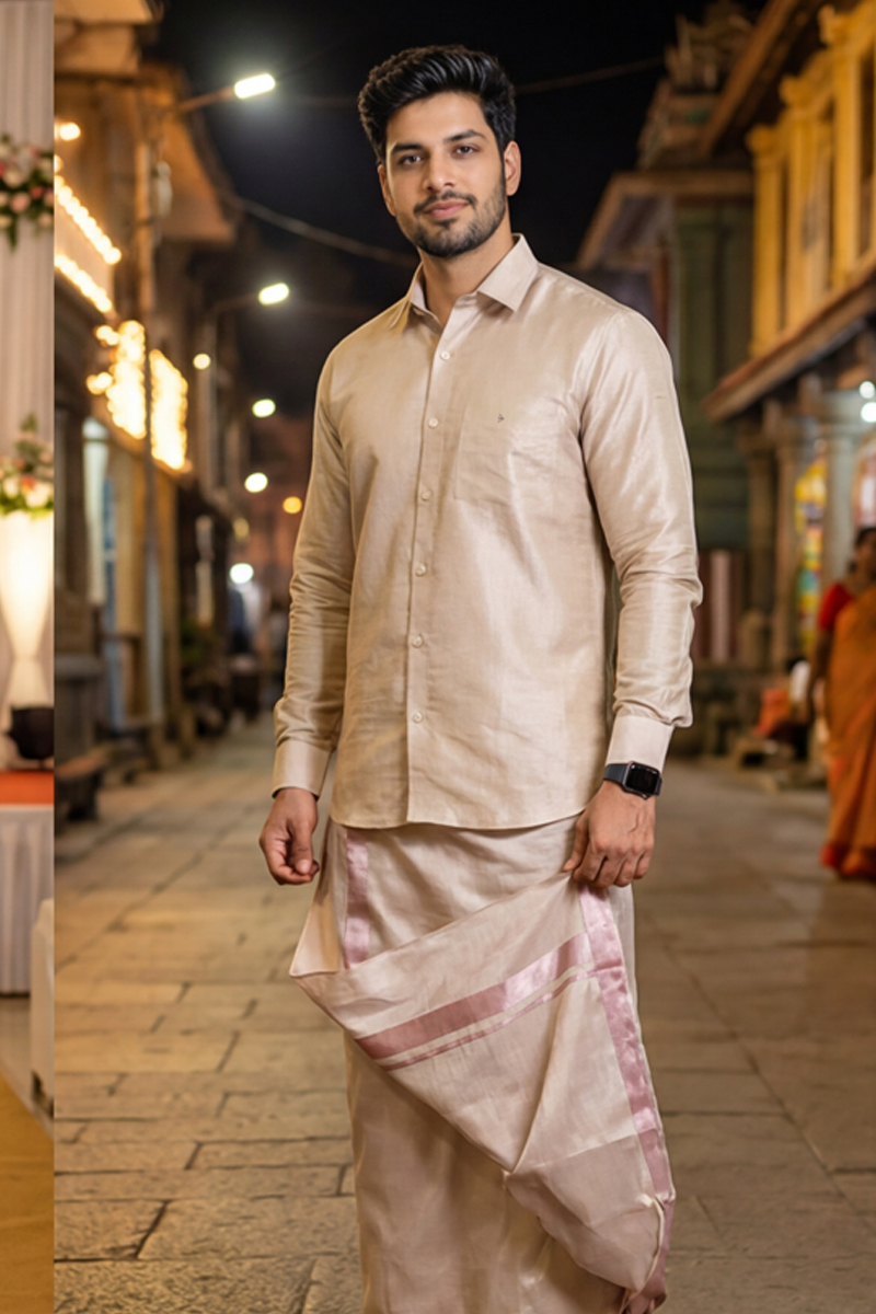 Elite Ethnic Shirt & Mundu Set - L-PINK - 5