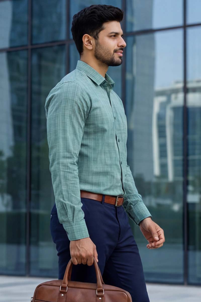 Urban Grid Formal Shirt – Green Checks (Smart Fit) - 3