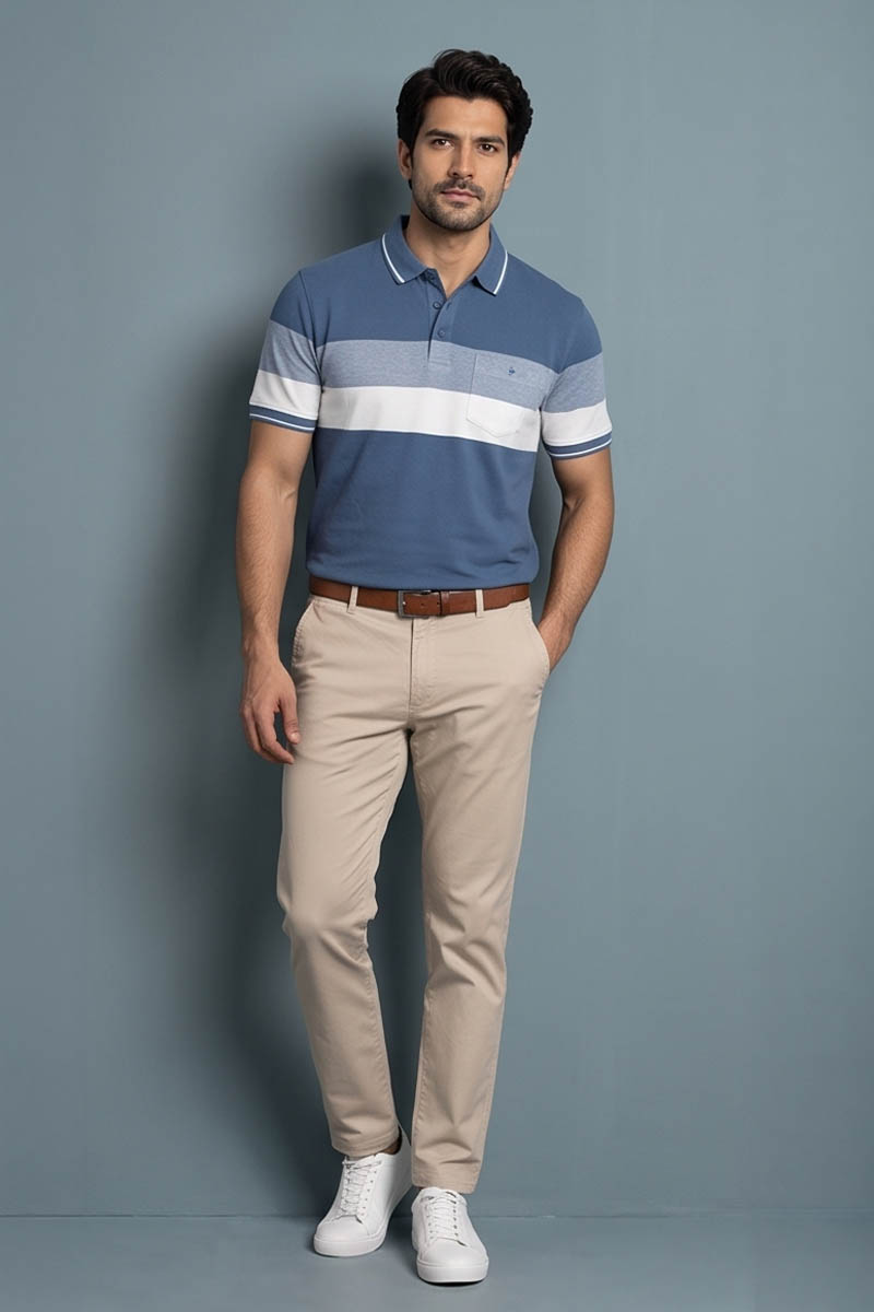 Blue and White Block Stripe Polo T-Shirt -Blue