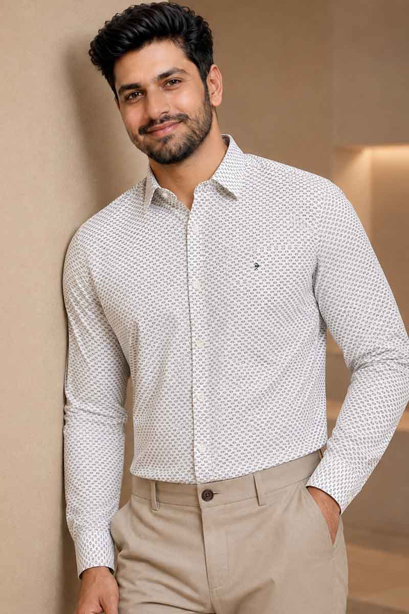 Men’s White Textured Geometric Shirt - White - 4