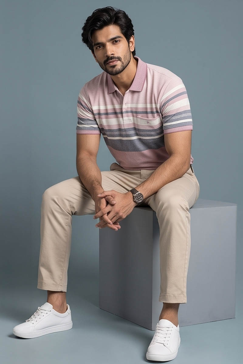 Blush Pink Signature Stripe Polo Tee -Pink - 3