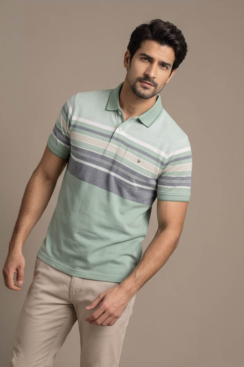 Mint Slate Striped Polo T-Shirt -Green - 3