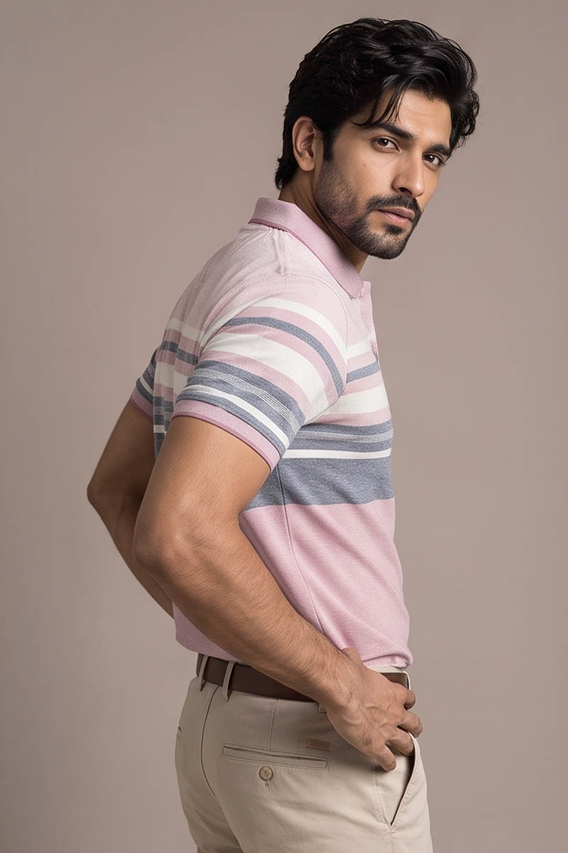 Blush Pink Signature Stripe Polo Tee -Pink - 4