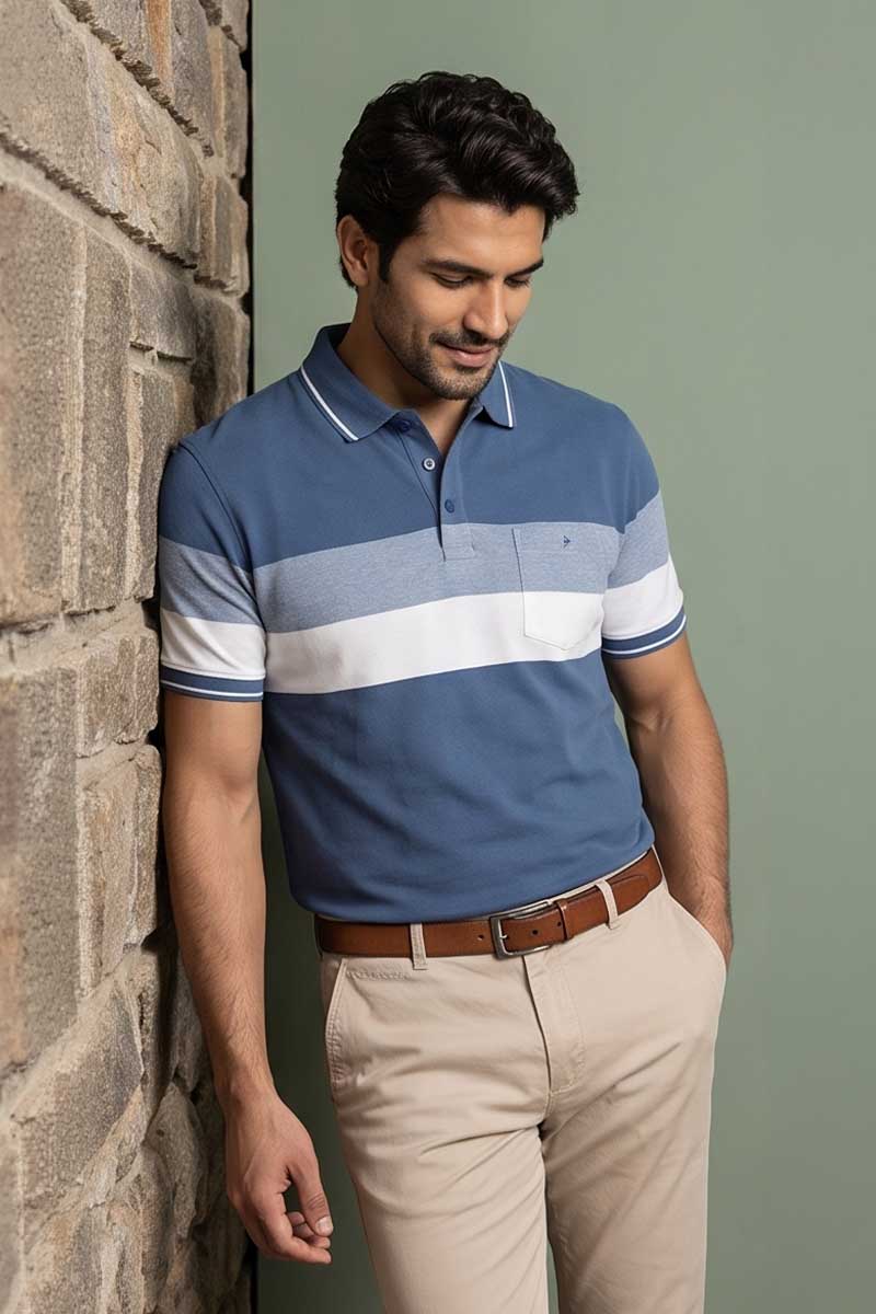 Blue and White Block Stripe Polo T-Shirt -Blue - 5