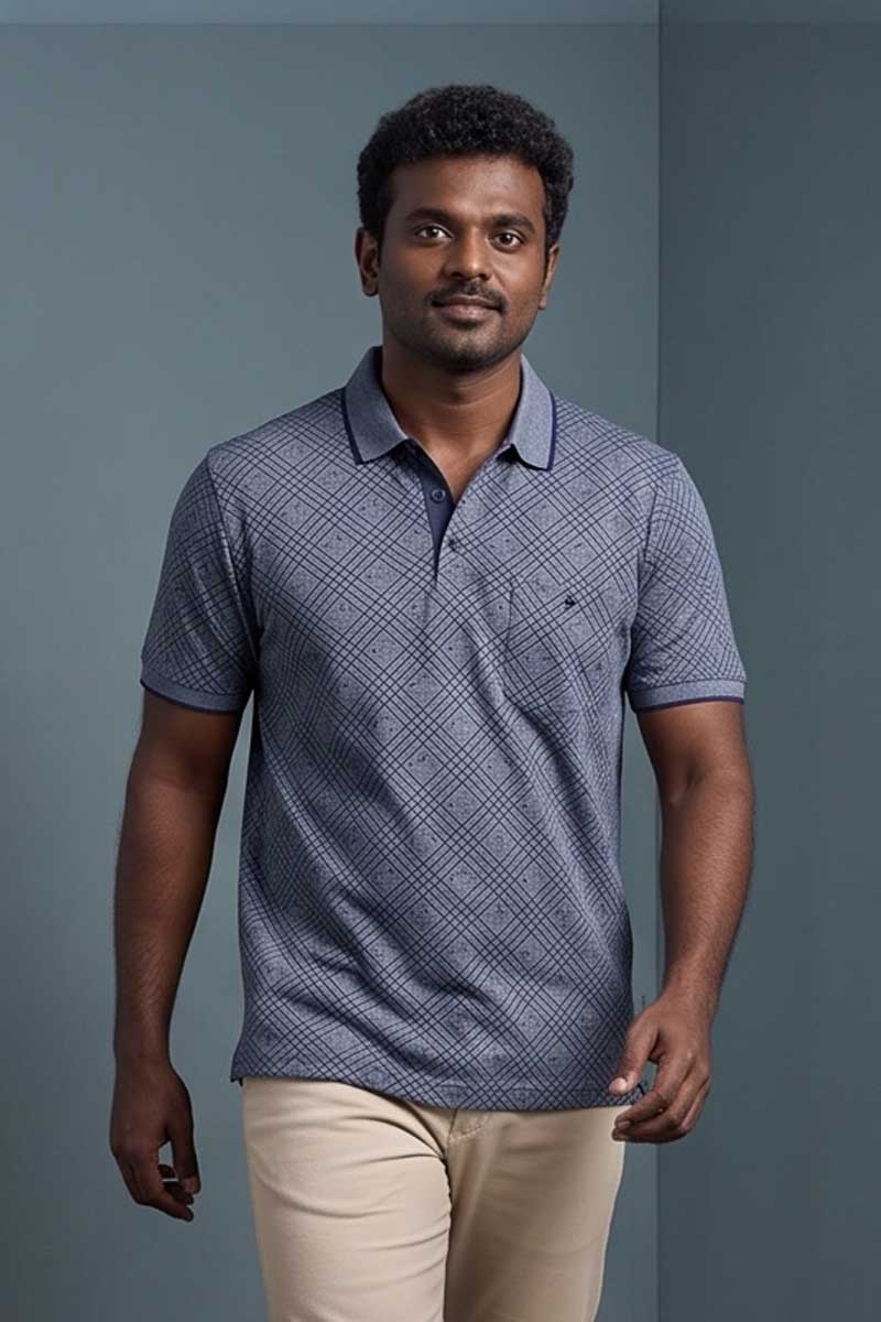 Slate Grey Diagonal Check Polo T-Shirt -Grey - 2