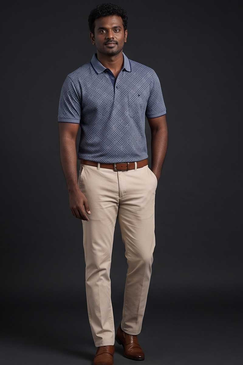 Slate Grey Diagonal Check Polo T-Shirt -Grey