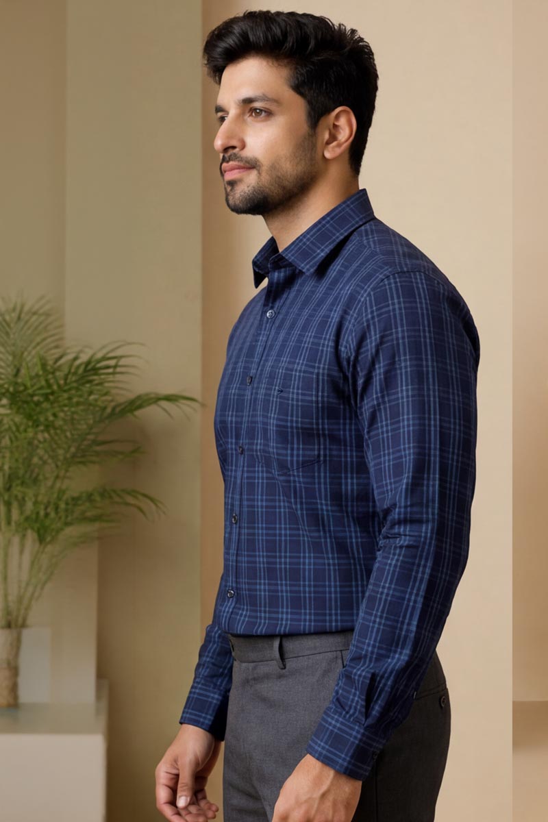 Premium Navy Blue Plaid Shirt - Navy - 2