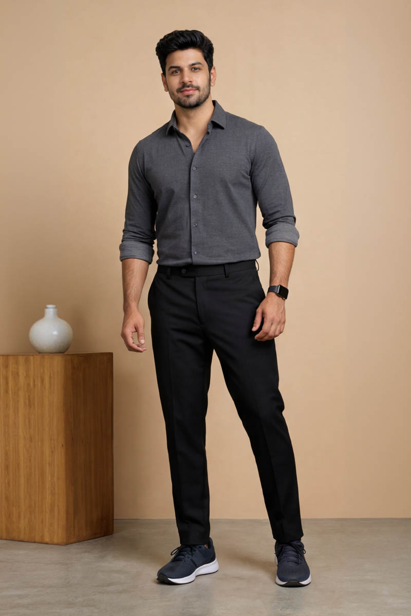 Men's Black Slim-Fit Trousers -Black - 2