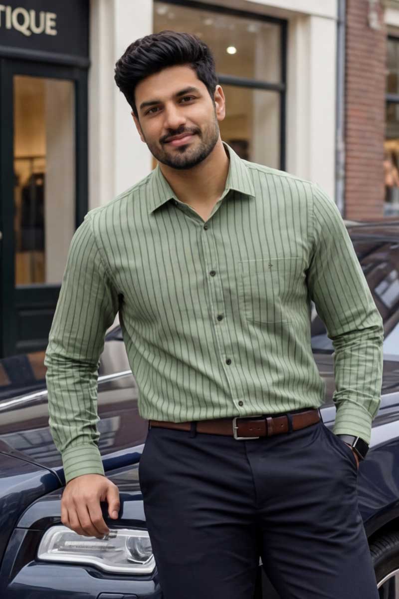 SHIRT Elegant Sage Green Striped Button-Down (P-GREEN) - 3