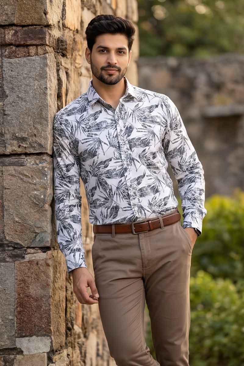 Monochrome Print Shirt -White-Grey - 4