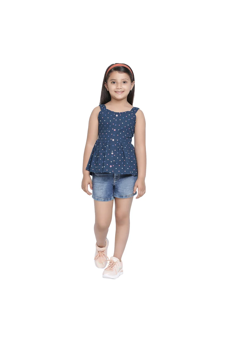 Spyby Girls Navy Blue Dot Printed Top - 2